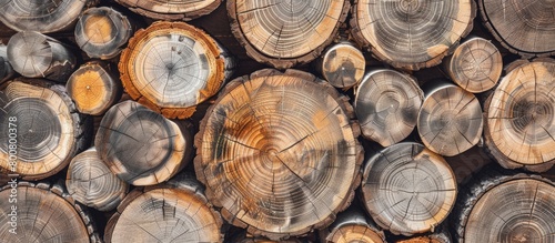 A detailed view of a pile of wood logs showcasing a multitude of rings that indicate the age and growth of the trees
