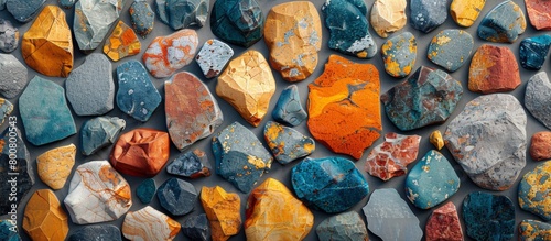 A detailed view of a rock wall showcasing a diverse range of colors and textures, creating a visually appealing display photo