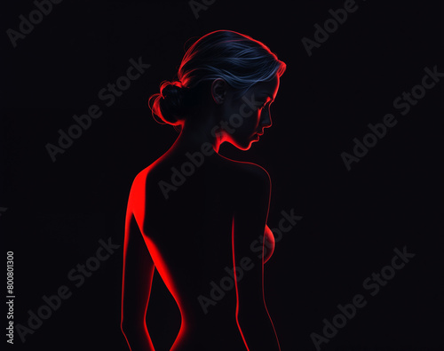woman's silhouette is shown against a black background, with a red glow highlighting her form.