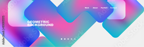 An eyecatching geometric background featuring squares, arrows, circles in vibrant shades of azure, pink, aqua, magenta, and electric blue on a crisp white backdrop