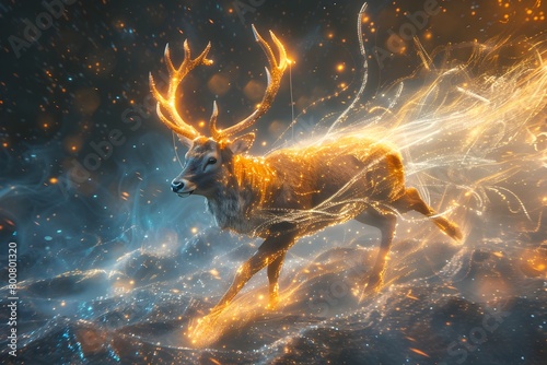 Ethereal Stag Traversing Shimmering Crystalline Landscape Trailing Magical Energy © vanilnilnilla