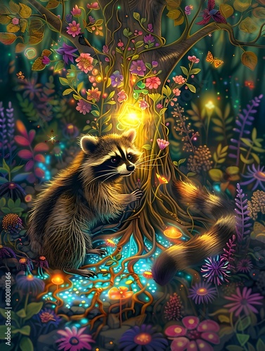 Curious Raccoon Foraging in Bioluminescent Enchanted Forest Dreamscape