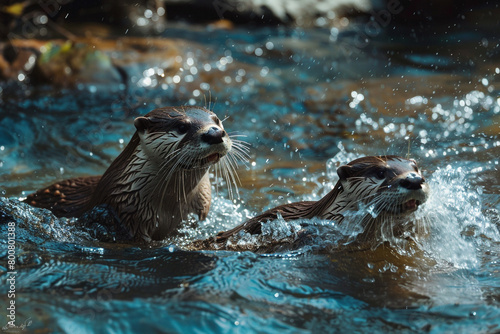 A pair of playful otters frolicking in a crystal-clear stream, their sleek bodies twisting and turning as they chase each other through the water 4k.