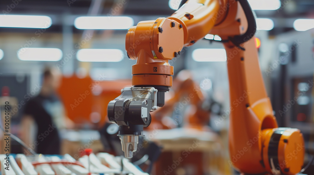 Close-up of a robotic arm working in a factory, with a blurred background showing workers and tools