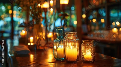 A bar area aglow with the warm light of candles in unique glass jars and vases. 2d flat cartoon.