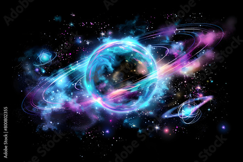 Luminous neon galaxy creation with glowing stars and cosmic elements. Stunning artwork on black background.