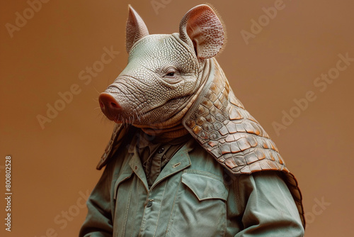 A modern-dressed armadillo in a sleek jumpsuit  showcasing its unique sense of style in the animal kingdom