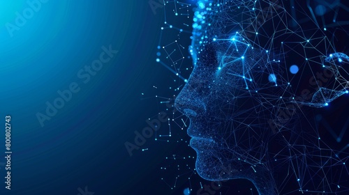 In a vector 3D illustration against a blue background, artificial intelligence is depicted within a humanoid head, featuring a digital brain and representing big data analysis and cyber technology.