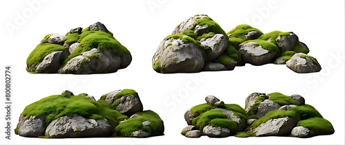  Set of moss-covered rocks in natural settings, cut out 