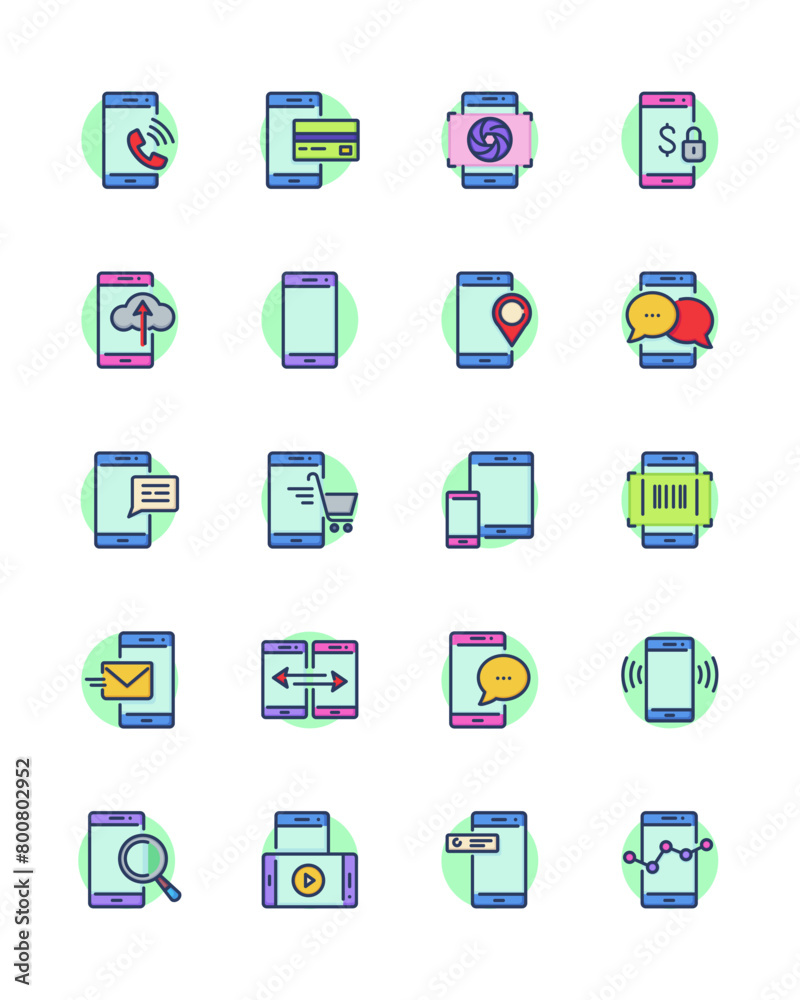 Cell phone services line icon set. Mobile phone notifications, chat messages, wireless payment, cloud data storage. Vector icons for smartphone using, application store, data analytics concept