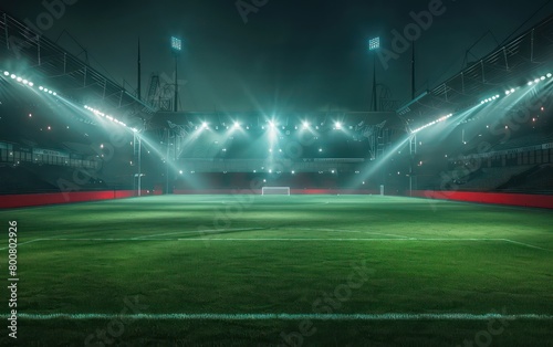 football stadium at night with beamlights on a huge green field