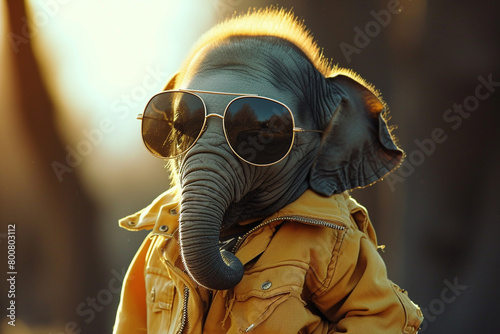 A hip baby elephant donning a funky bomber jacket and oversized sunglasses, stealing the show with its cool demeanor photo