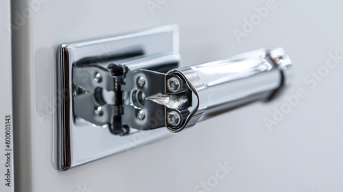 Isolated on a white background, a steel cabinet door hinge stands alone.