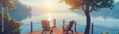 Capture the serene morning at a lakeside homestay The first rays of the sun illuminate the dewcovered wood of the deck photo