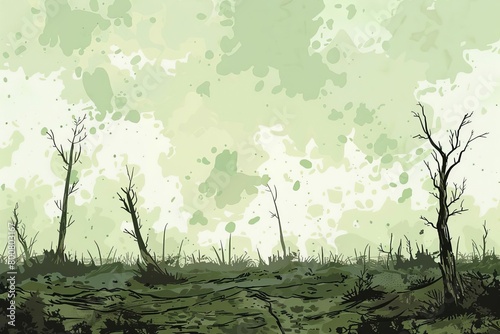 An afterfire scene showing a barren landscape with sporadic signs of life reemerging Utilize a muted color scheme to highlight the devastation yet seed hope with spots of green ind photo