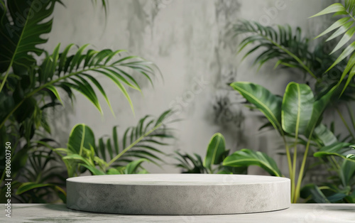 Circular podium white marble texture, Delicate Ferns Around Base, Soft Focus Background, Serene Botanical Garden Setting Featuring. 