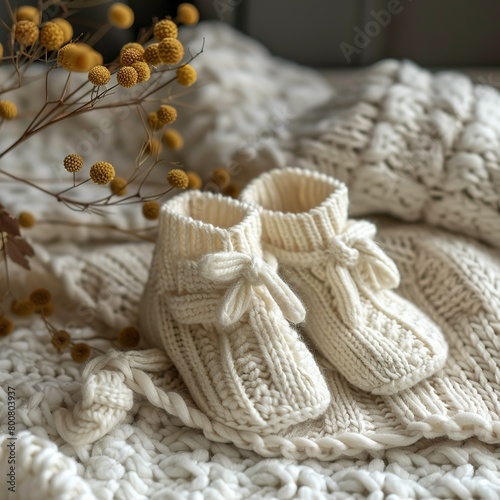 Soft knitted newborn booties mockup, Adorable cream-colored knitted baby booties on a plush knitted blanket, accompanied by delicate yellow flowers.
