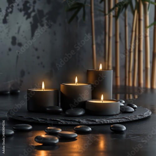 candles and black stones on a black table  dark background