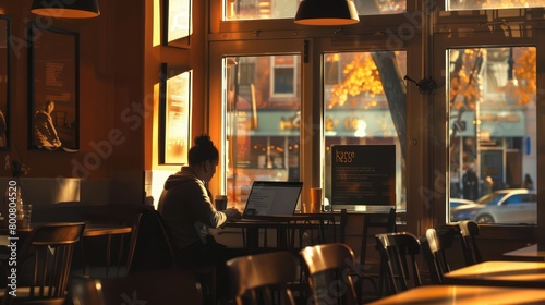 Silhouette of a person sitting in a cafe shop in the morning alone.