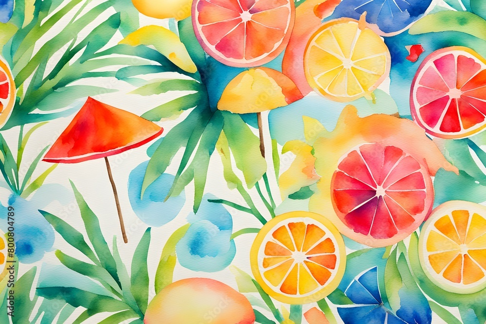 Naklejka premium A painting of a tropical scene with a red umbrella and a bunch of oranges