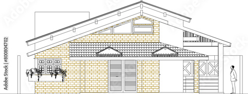 vector illustration sketch design architectural drawing of tropical resort house exposed brick in mountainous and coastal areas