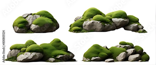  Set of moss-covered rocks in natural settings, cut out 