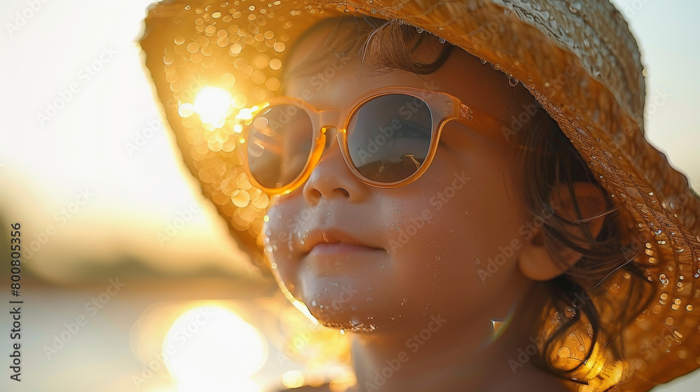 A child wearing a sunhat and sunglasses with sunlight glaring, evoking a warm, playful summer day atmosphere. A child wearing a sunhat and sunglasses with sunlight glaring, evoking a warm, playful summer day atmosphere.