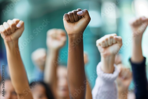 diverse group of people raising fists in solidarity © Amni