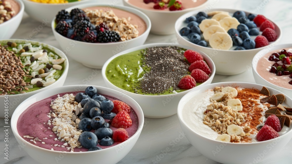 A variety of smoothie bowls topped with fresh berries nuts and superfood powders providing a nutritious and energizing start to the day. A variety of smoothie bowls topped with fresh berries nuts and superfood powders providing a nutritious and energizing start to the day.