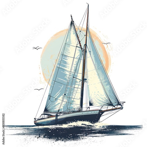 classic sailboat, ocean blues, serene nautical on white background