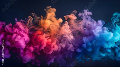 A harmonious and tranquil blend of pastel peach, sky blue, and coral forms a colorful, abstract spring background with wisps of smoke. photo