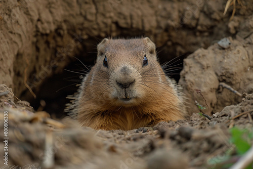 A chubby groundhog peeking out from its burrow, its whiskers twitching as it surveys its surroundings with curiosity 4k. © Animals