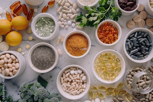 A variety of probiotics  food supplements  and health vitamins made from natural ingredients  displayed to promote gut health and overall wellness  possibly including capsules  tablets  and powders