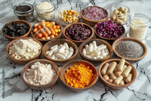 A variety of probiotics, food supplements, and health vitamins made from natural ingredients, displayed to promote gut health and overall wellness, possibly including capsules, tablets, and powders