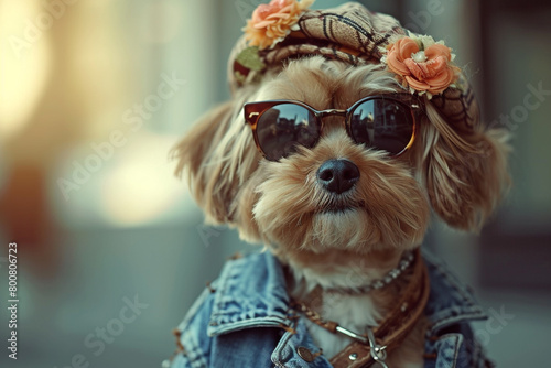 A charming puppy dressed in a boho-chic ensemble, embracing the latest trends in the most heartwarming way