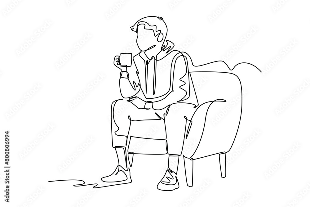 Continuous one line drawing drinking coffee concept. Doodle vector illustration.