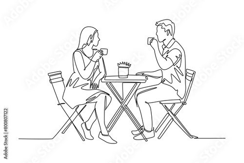 Continuous one line drawing drinking coffee concept. Doodle vector illustration.