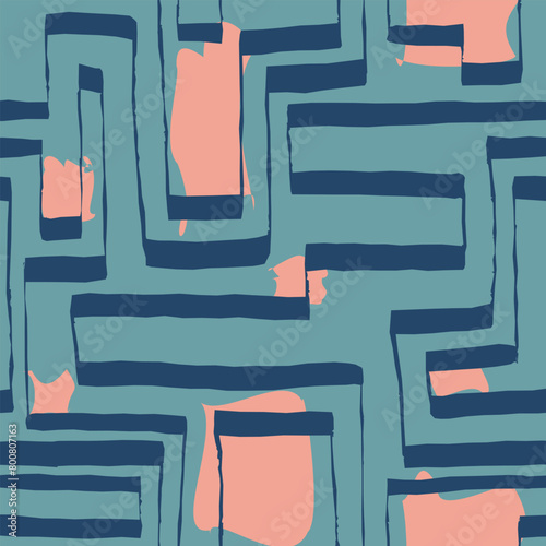 Abstract pattern of geometric shapes is composed of interconnected squares. Hand draw with modern and artistic feel.