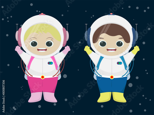 cartoon astronaut boy and girl smiling excitedly