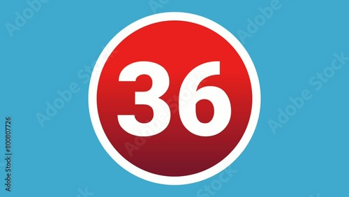 Number 36 sign symbol animation motion graphics icon on red sphere on blue background,cartoon video numbers for video elements