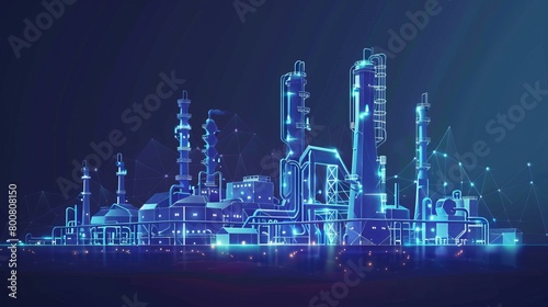 This low poly illustration visualizes a petroleum oil refinery complex, representing the petrochemical production plant and its significance in the fuel industry.