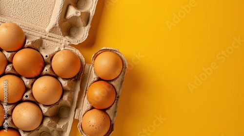 Overhead view of brown chicken eggs in an open egg carton isolated on yellow. Fresh chicken eggs background. Top view with copy space. Natural healthy food and organic farming concept. Eggs in box © Elchin Abilov