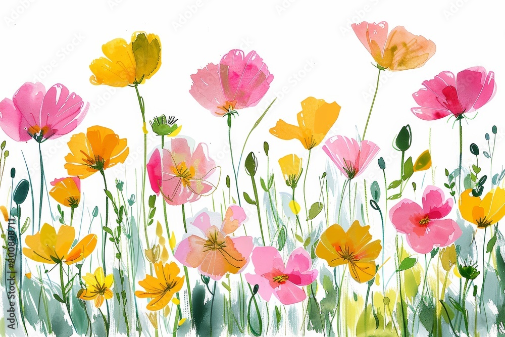 Fototapeta premium A joyful watercolor painting featuring a lively assortment of pink and yellow flowers with expressive green foliage.