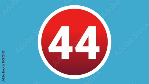 Number 44 sign symbol animation motion graphics icon on red sphere on blue background,cartoon video numbers for video elements