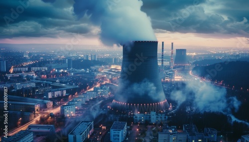 Thermal Power Plant at Twilight Over Urban Area. photo