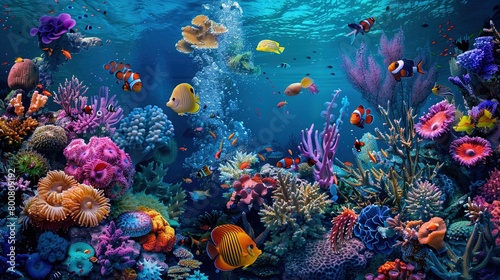 Coral reefs and colorful fish. Blue ocean underwater life with coral reefs and colorful fish. © IkaPuput