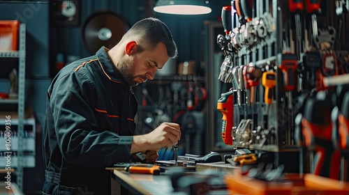 A knowledgeable locksmith in a black work outfit, crafting keys and ensuring security   photo