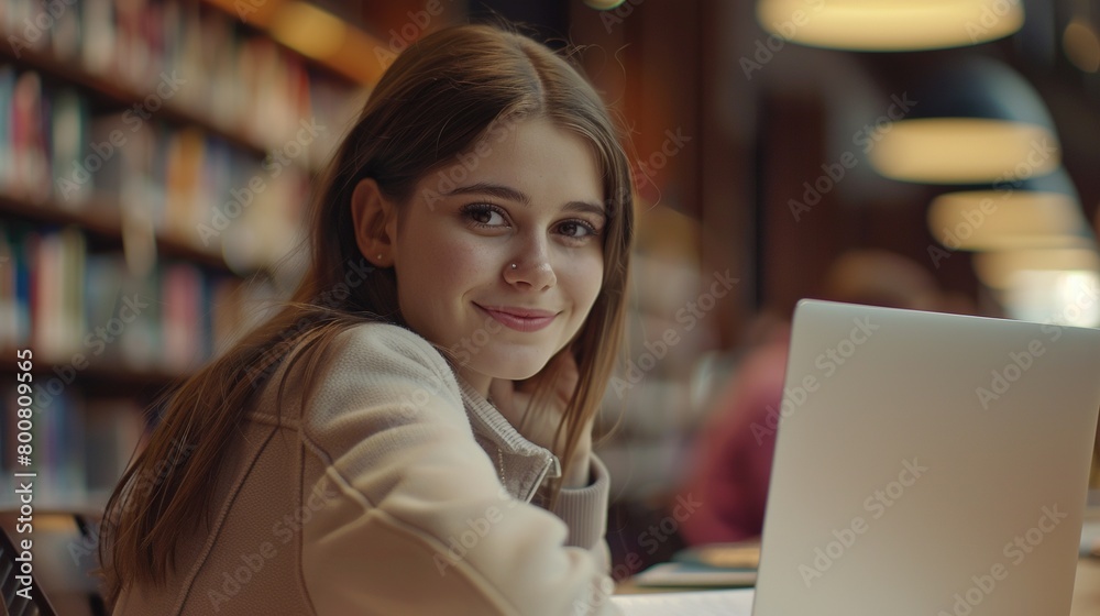 Student Girl Seated at Desk with Laptop and Textbook in Library. Enjoy Education in university, Preparing Studying for Exam
Student Girl Seated at Desk with Laptop and Textbook in Library. Enjoy Education in university, Preparing Studying for Exam