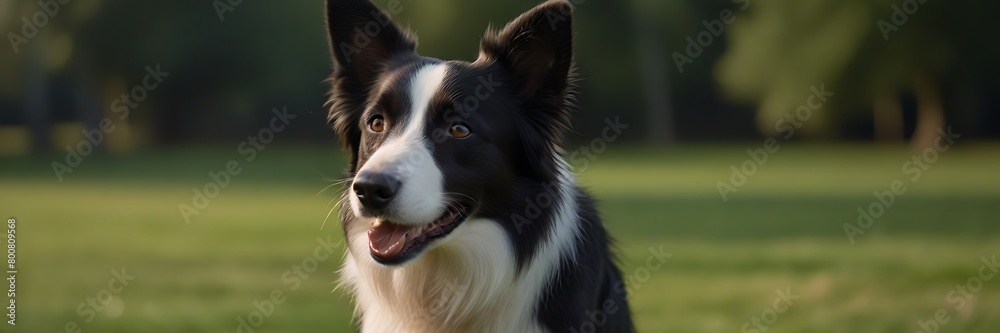 Beautiful Border Collie with Tongue Out Looks at Camera in Nature. Adorable Portrait of Black and White Happy Dog Outside.