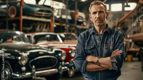 A master mechanic confidently holding a wrench surrounded by vintage cars in a classic garage 